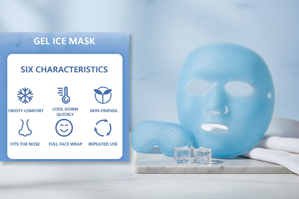 Gel ice mask characteristics listed with icons on a blue background