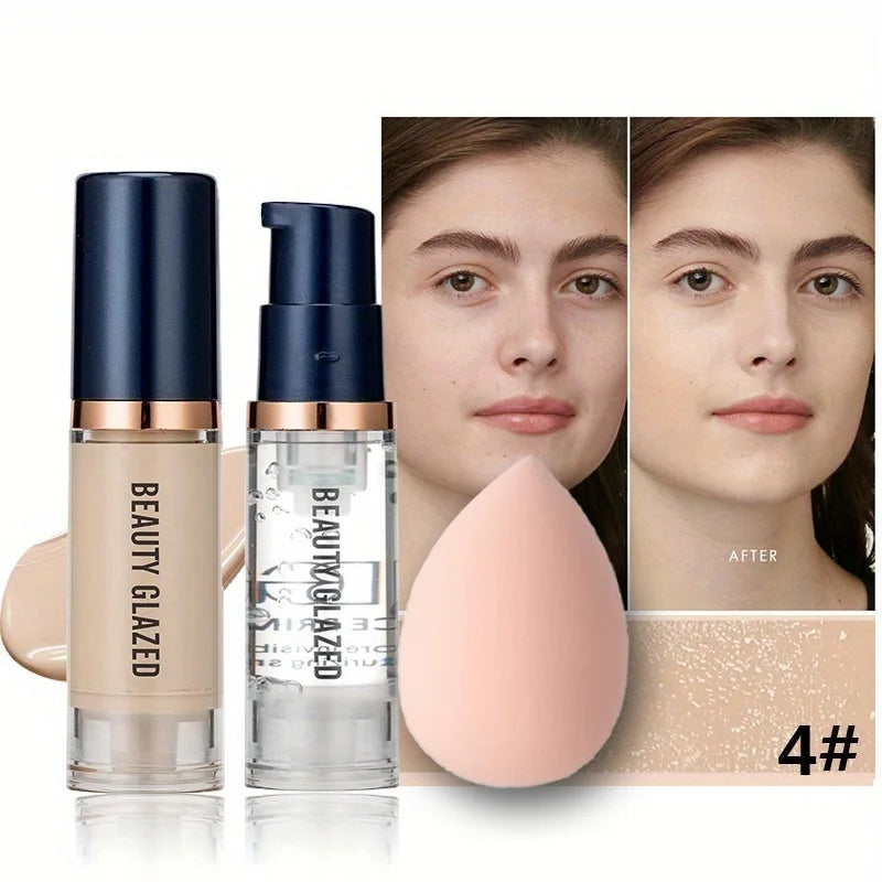 BEAUTY GLAZED 3Pcs Face Makeup Set,Matte Long lasting Waterproof Liquid Foundation+Primer+Puff BeautyBond