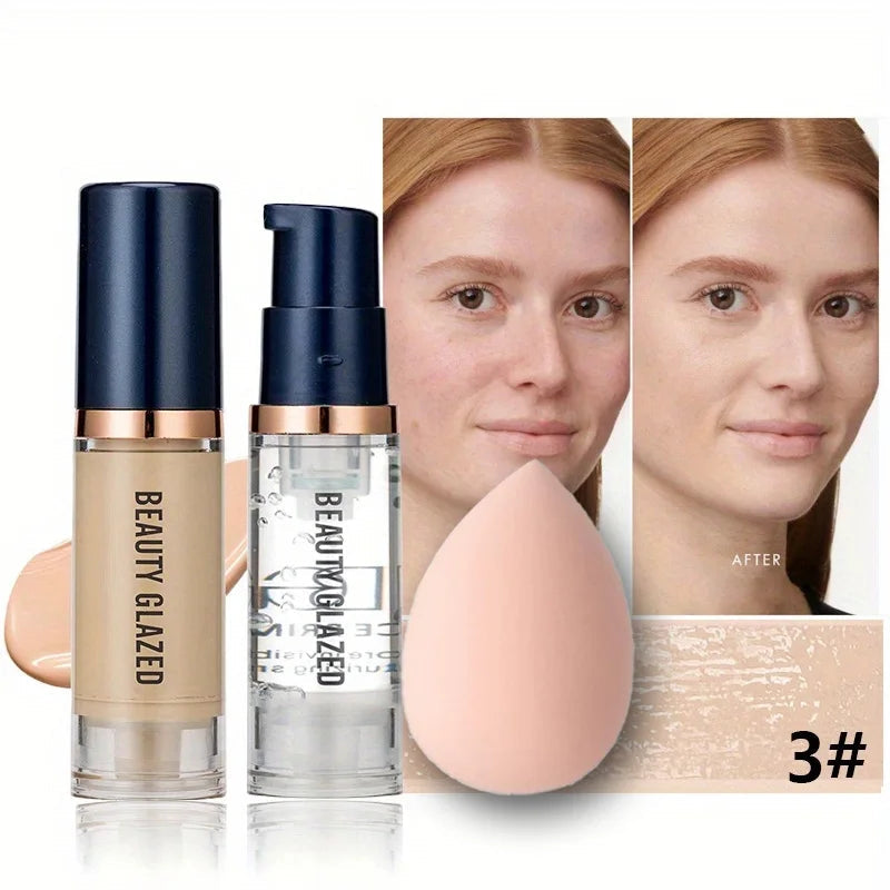 BEAUTY GLAZED 3Pcs Face Makeup Set,Matte Long lasting Waterproof Liquid Foundation+Primer+Puff BeautyBond