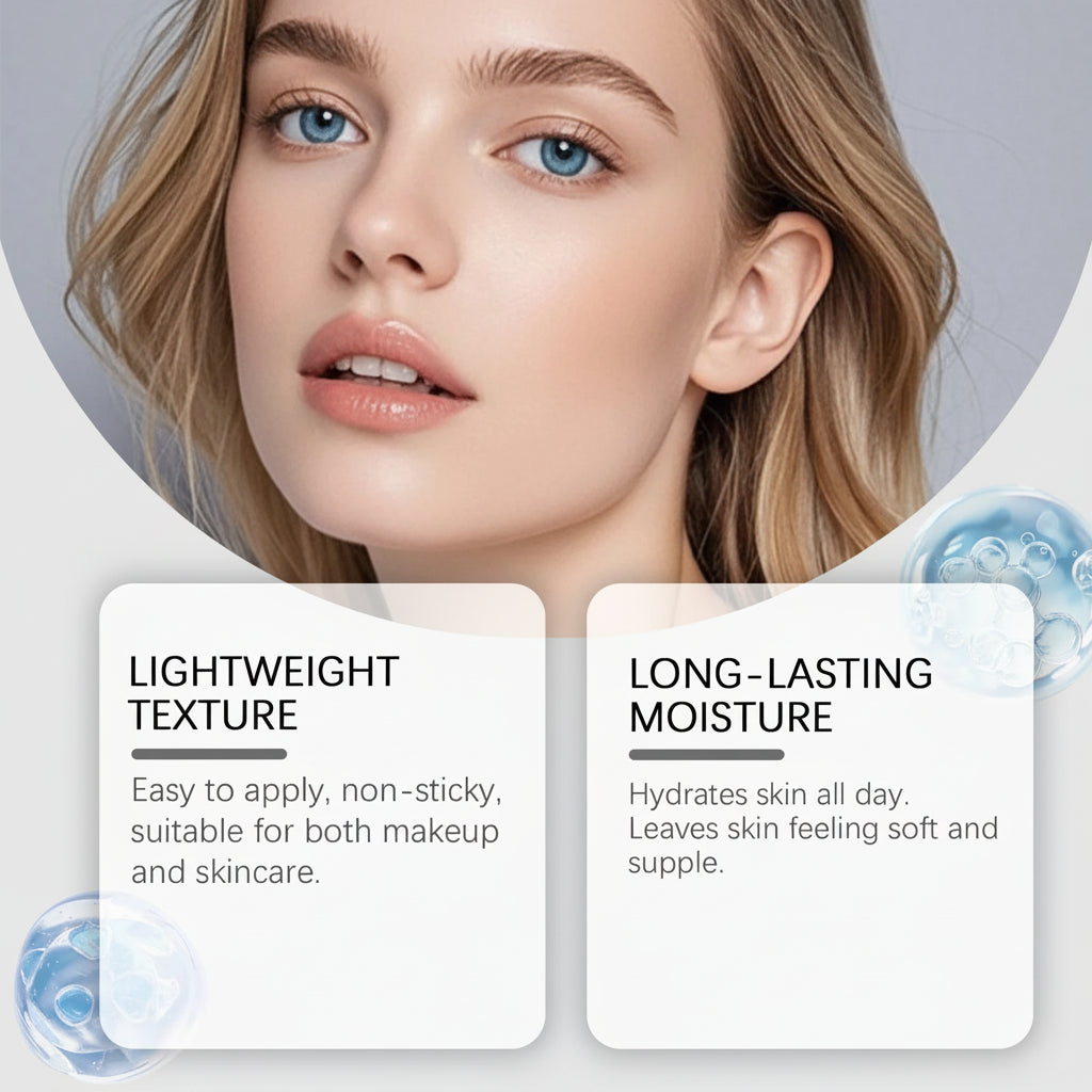 Woman with blue eyes and blonde hair, featuring text about product features on a gray background.