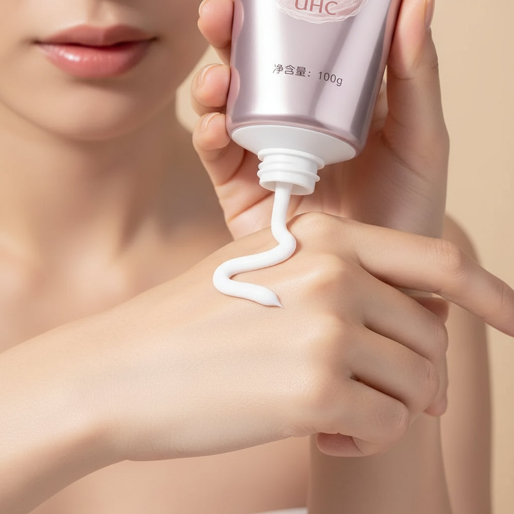 Cosmetic bottle with cream texture on a beige background