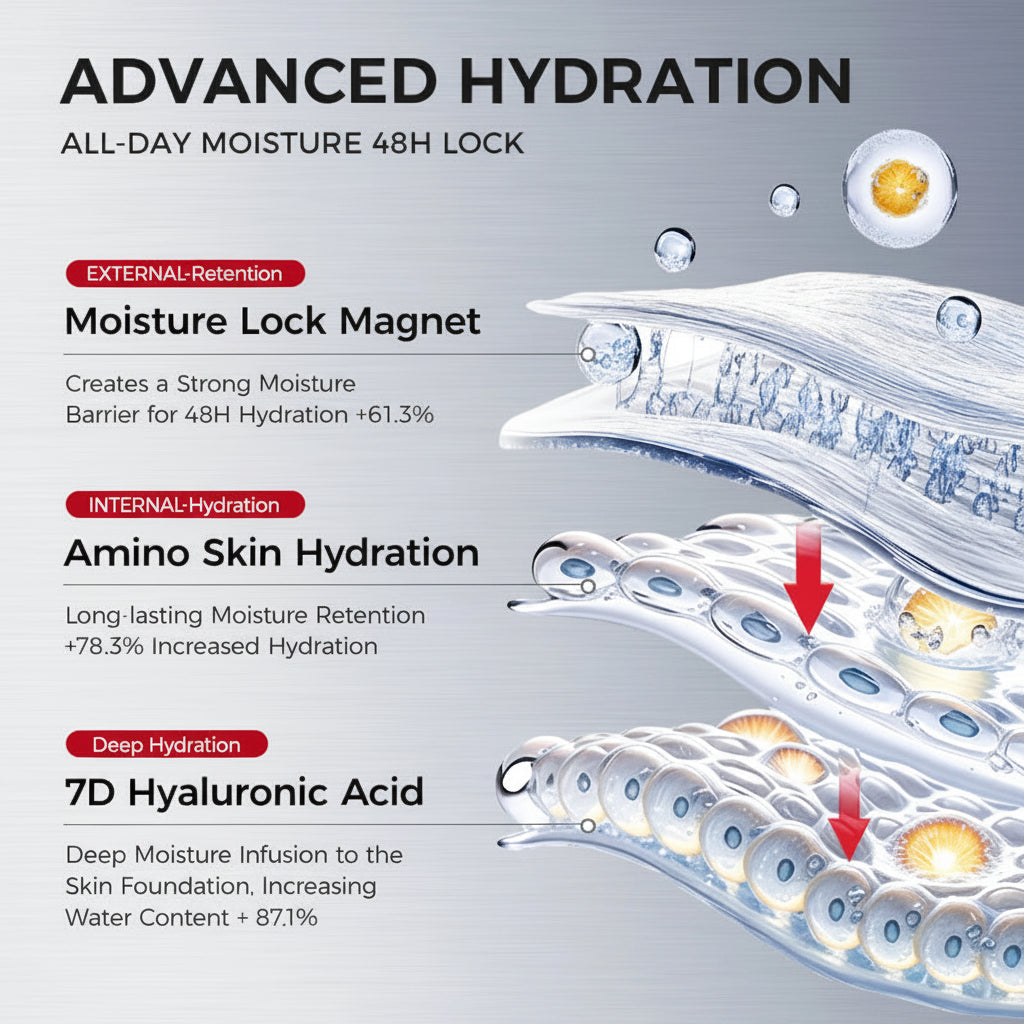 Advertisement for advanced hydration with 7D hyaluronic acid and amino skin hydration on a gray background.