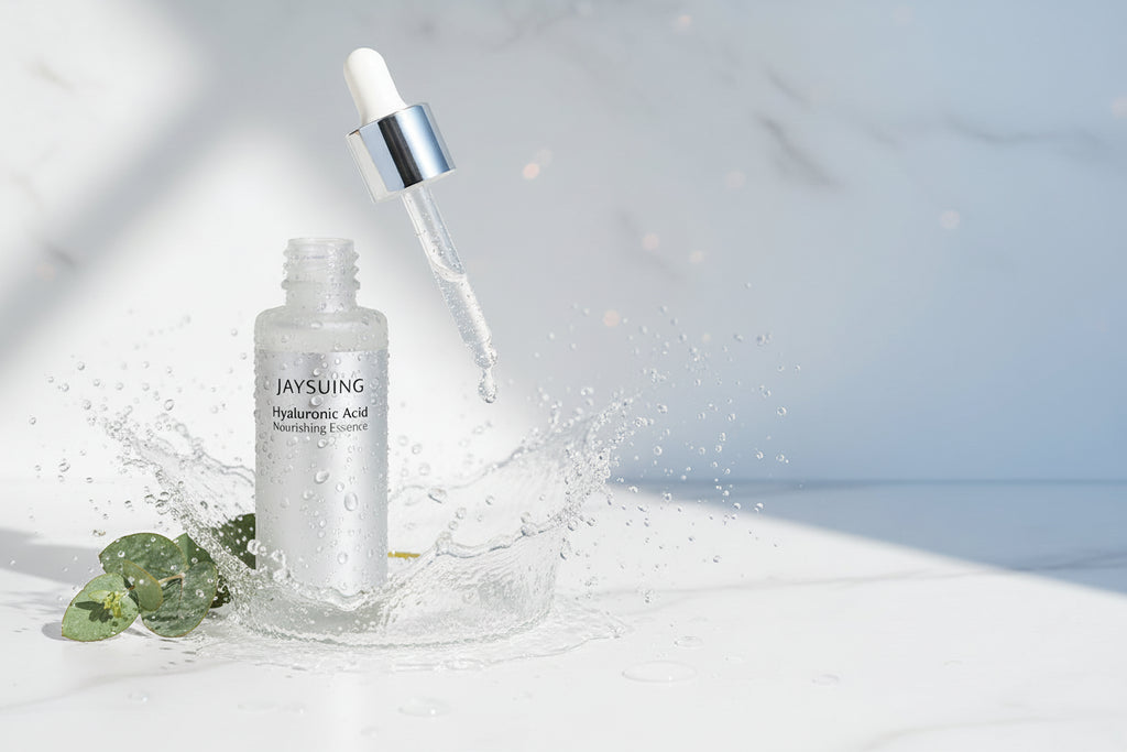 Jaysuing Hyaluronic Acid Facial Serum with packaging and a woman applying serum to her face.