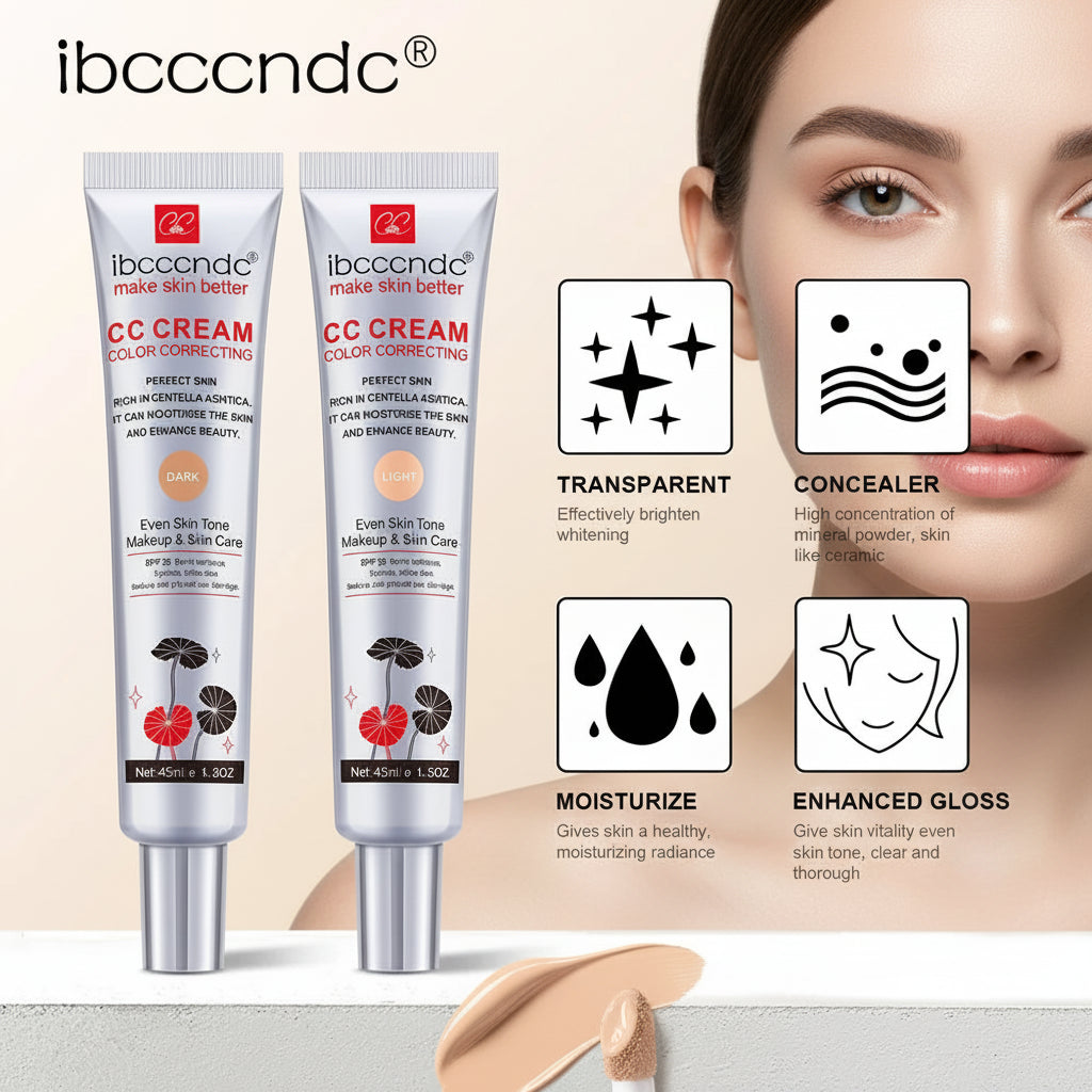 Two tubes of ibccnndc CC Cream with product features on a beige background