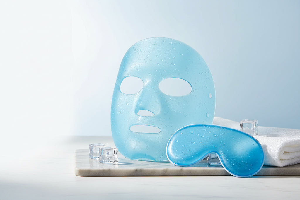 Person wearing a blue and clear face mask with earwidening design, hand adjusting it.