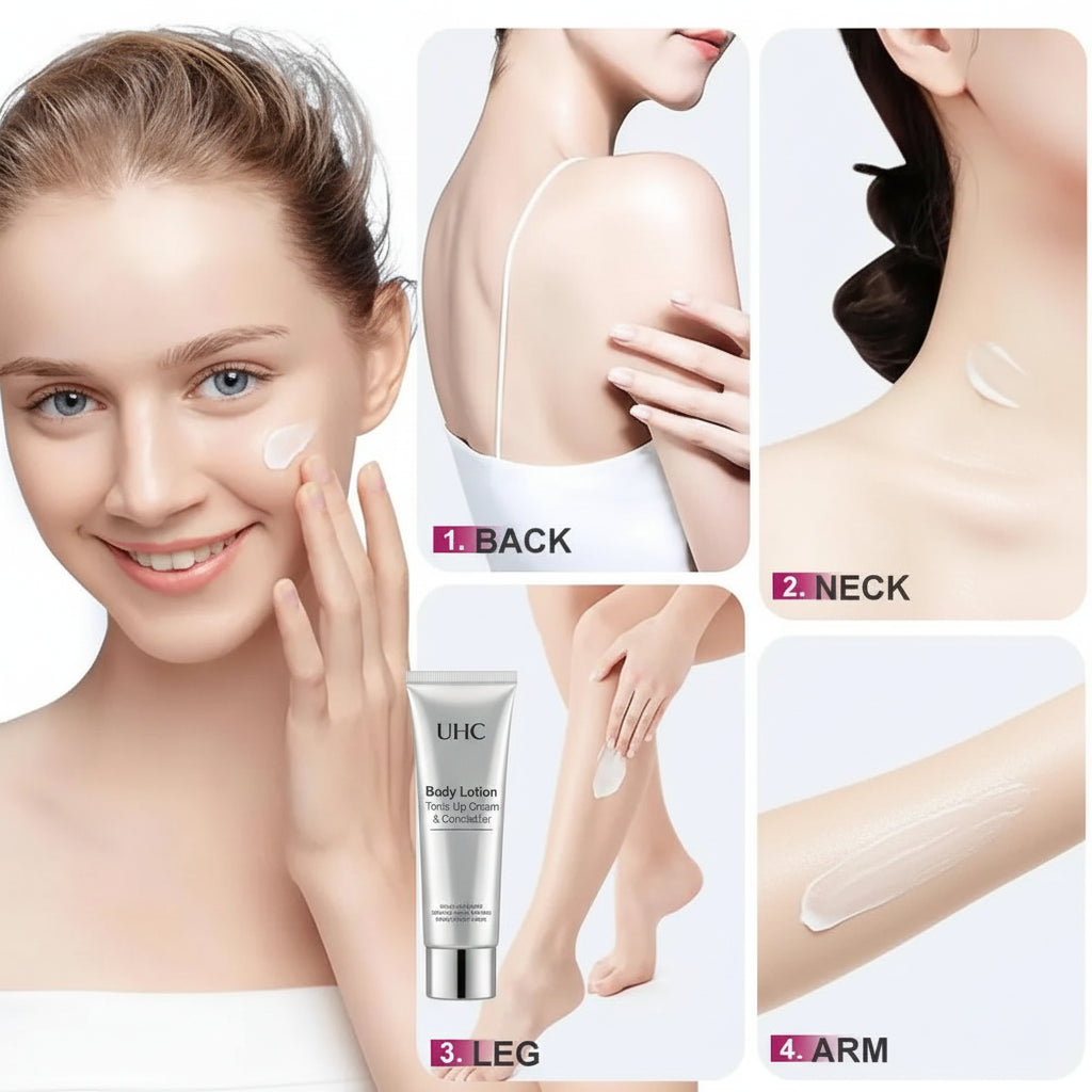 Collage of a woman applying cream to various parts of her body including face, back, neck, leg, and arm.