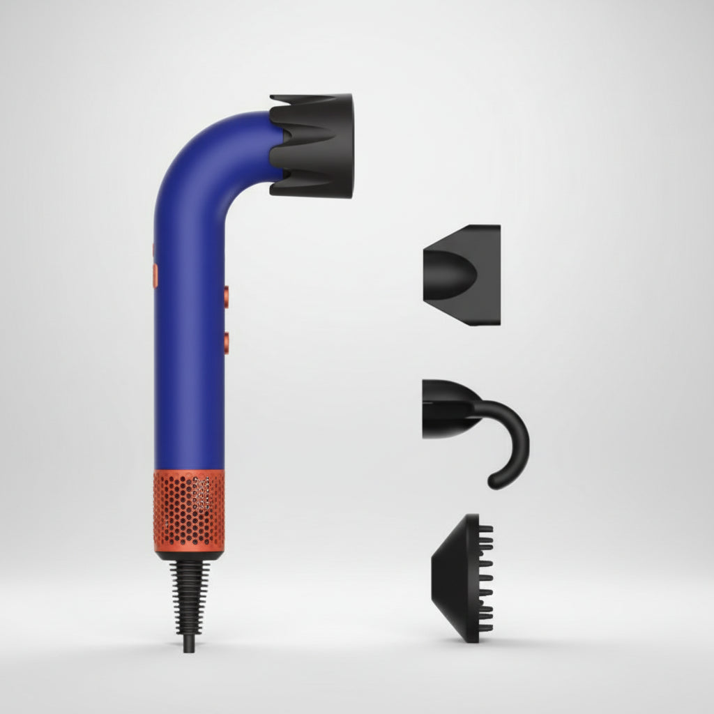 Blue hair dryer with four nozzles on a white background