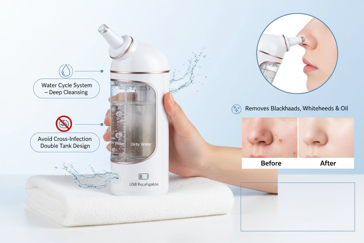Woman using a skincare device with mode descriptions on a light blue background