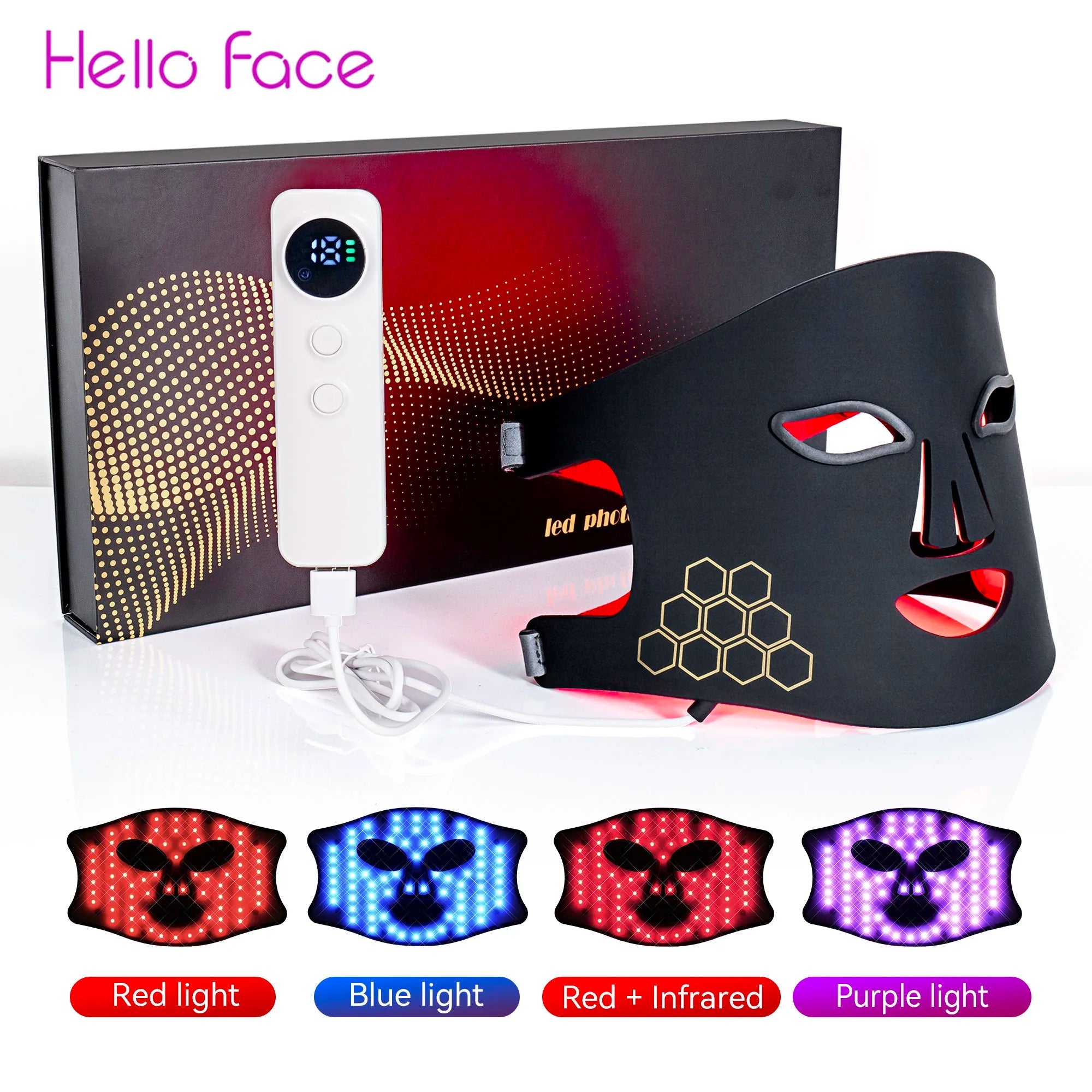 Hello Face Portable Red Infrared Blue LED Light Therapy Face Mask Acne Treatment, Skin Rejuvenation, Home Use for All Skin Types BeautyBond