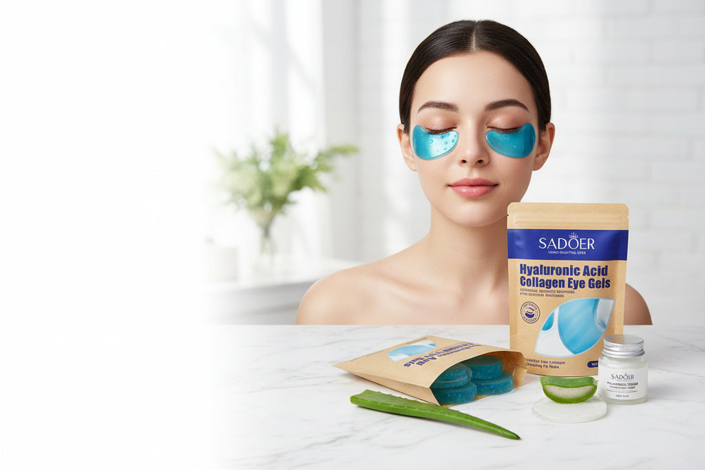 Sadoer Hyaluronic Acid Collagen Eye Gels packaging with front and back views on a white background.