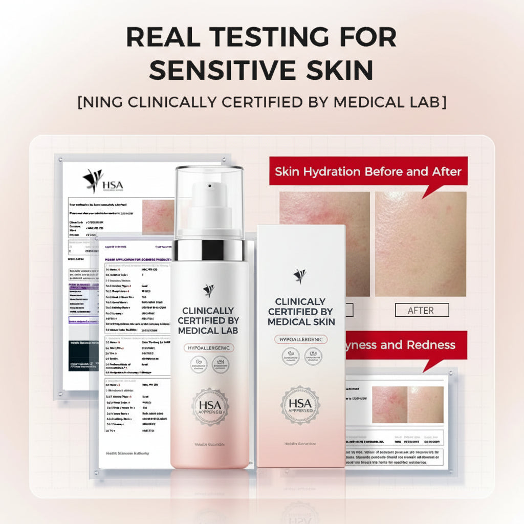Product packaging for sensitive skin care with clinical certification by a medical lab.