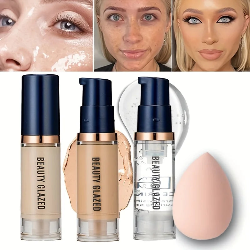 BEAUTY GLAZED 3Pcs Face Makeup Set,Matte Long lasting Waterproof Liquid Foundation+Primer+Puff BeautyBond