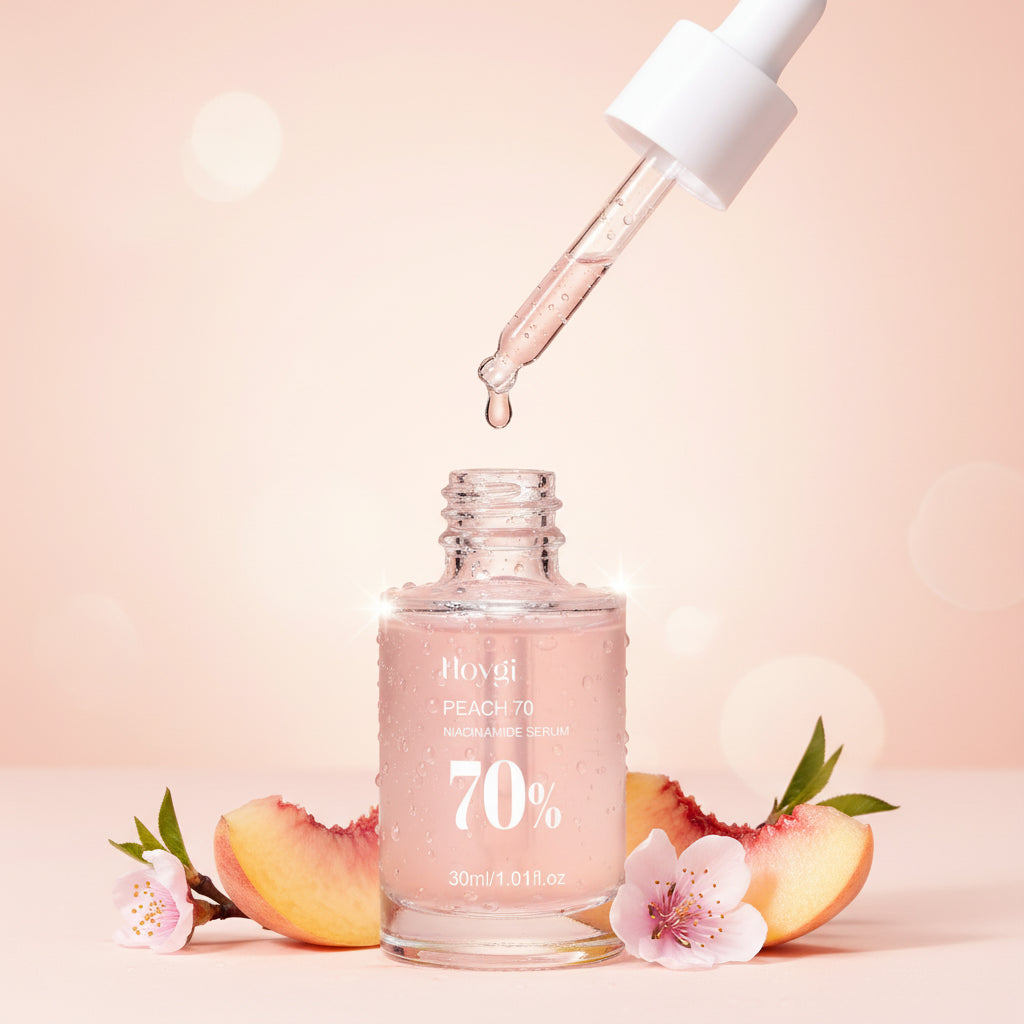Niacinamide serum bottle with before and after skin comparison on a white background