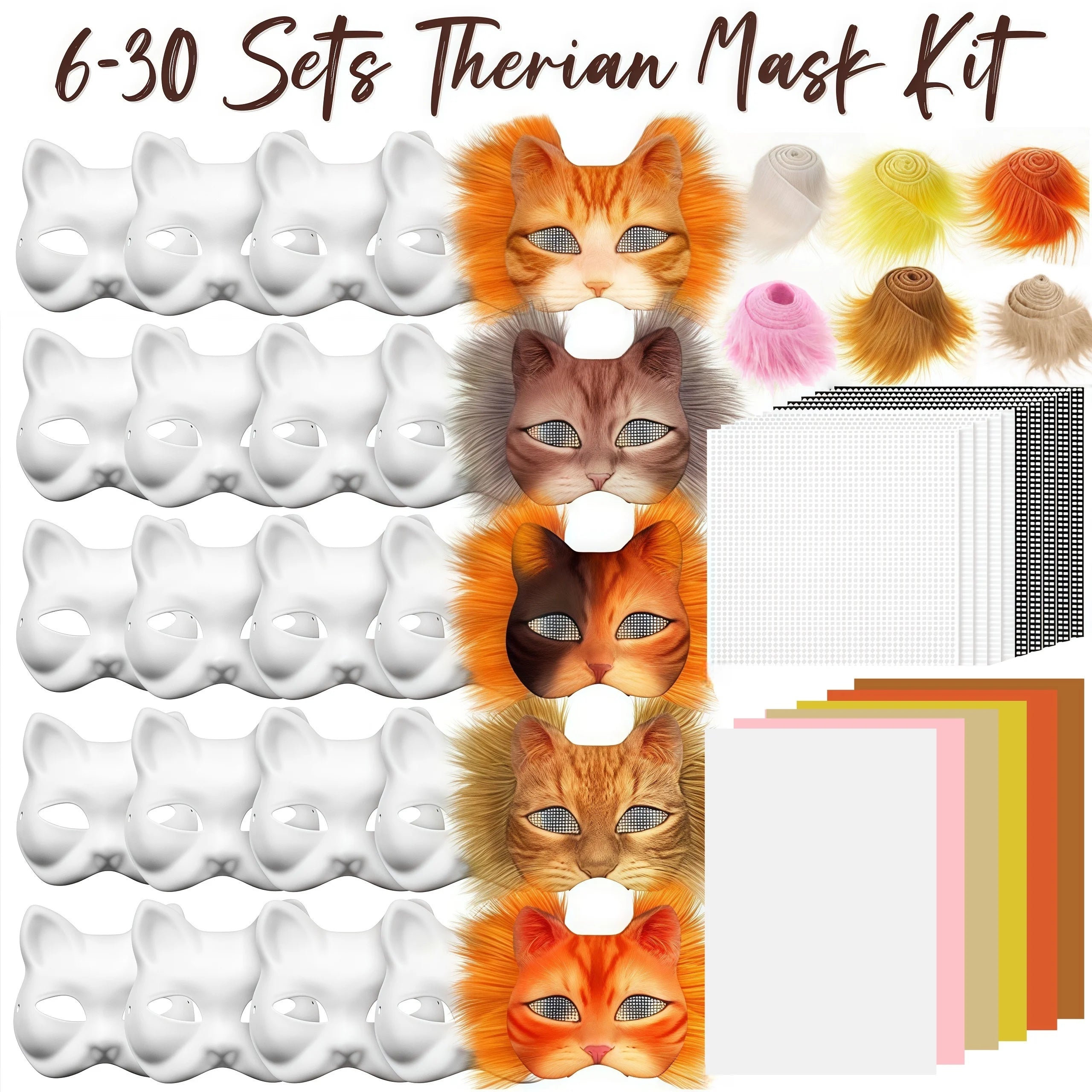 Therian Mask DIY Kit — Bulk Set with Faux Fur, Felt & Mesh (6/12/30 Sets) BeautyBond