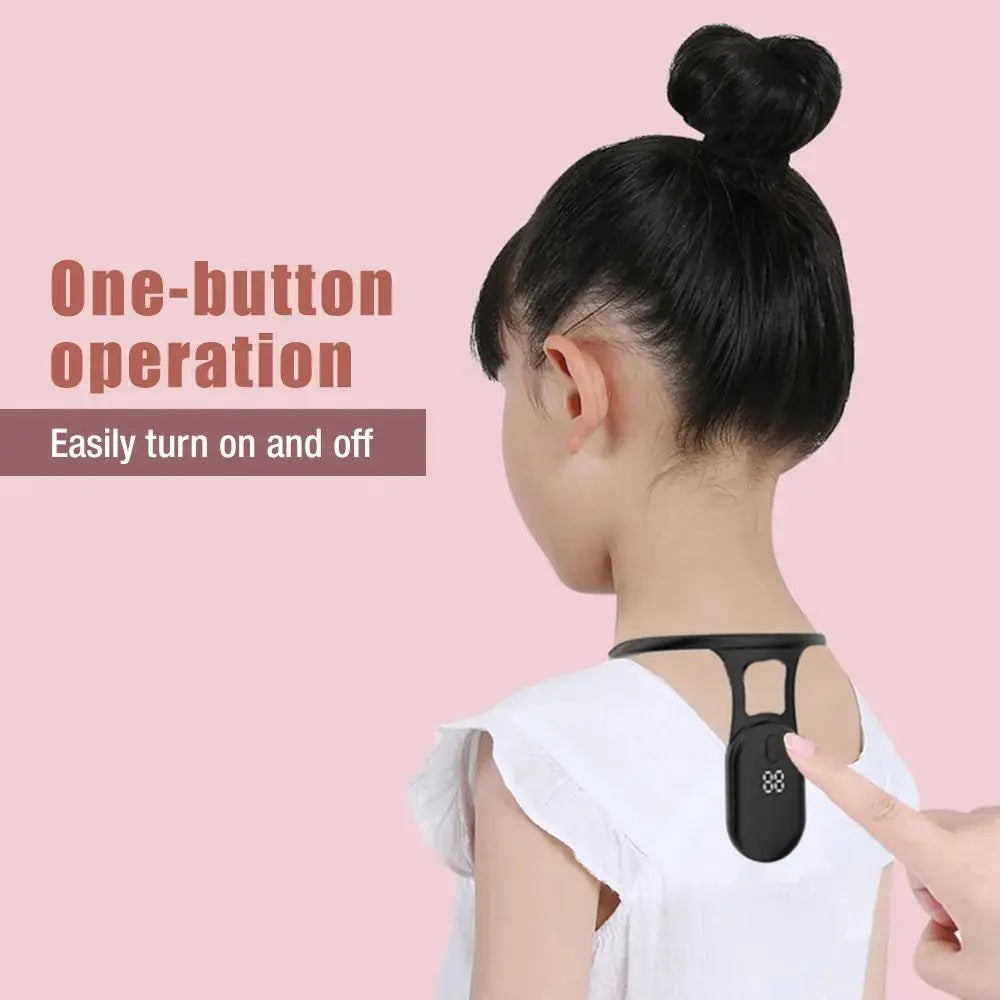 Person wearing a black device on their neck with text about one-button operation.