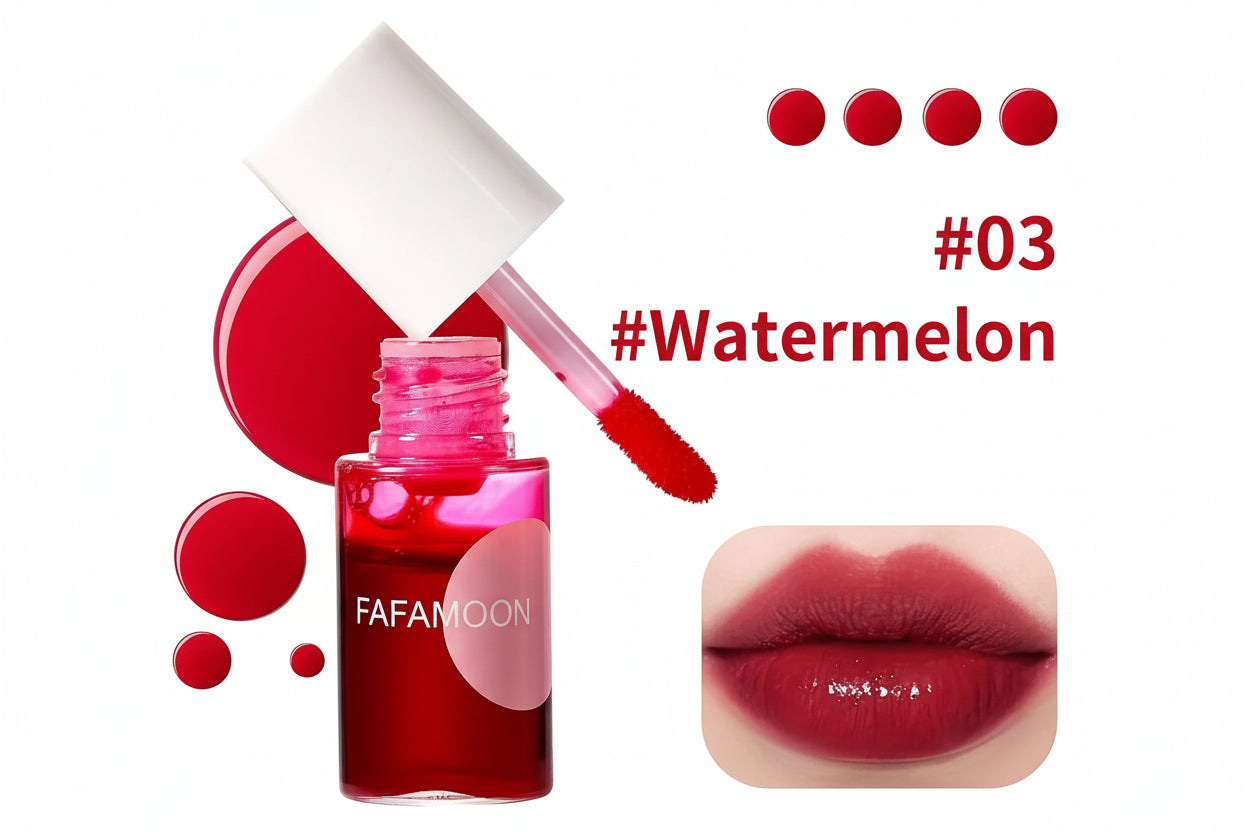 Red lip gloss bottle with applicator and '#Watermelon' color swatch on a white background