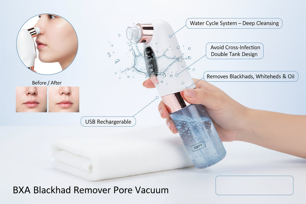 Beauty device with attachments and a set of beauty tools on a white background