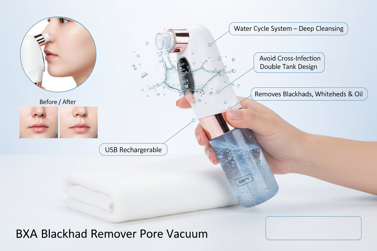 Beauty device with attachments and a set of beauty tools on a white background