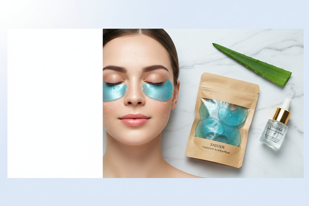 Cosmetic product with gold and green elements on a blue background, featuring ALGIN and MICA ingredients.