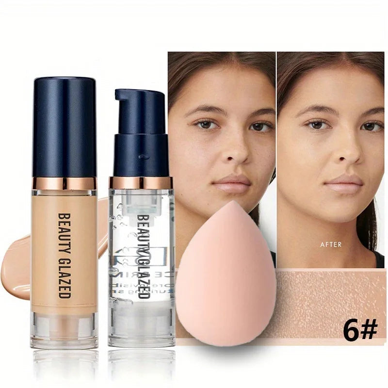 BEAUTY GLAZED 3Pcs Face Makeup Set,Matte Long lasting Waterproof Liquid Foundation+Primer+Puff BeautyBond