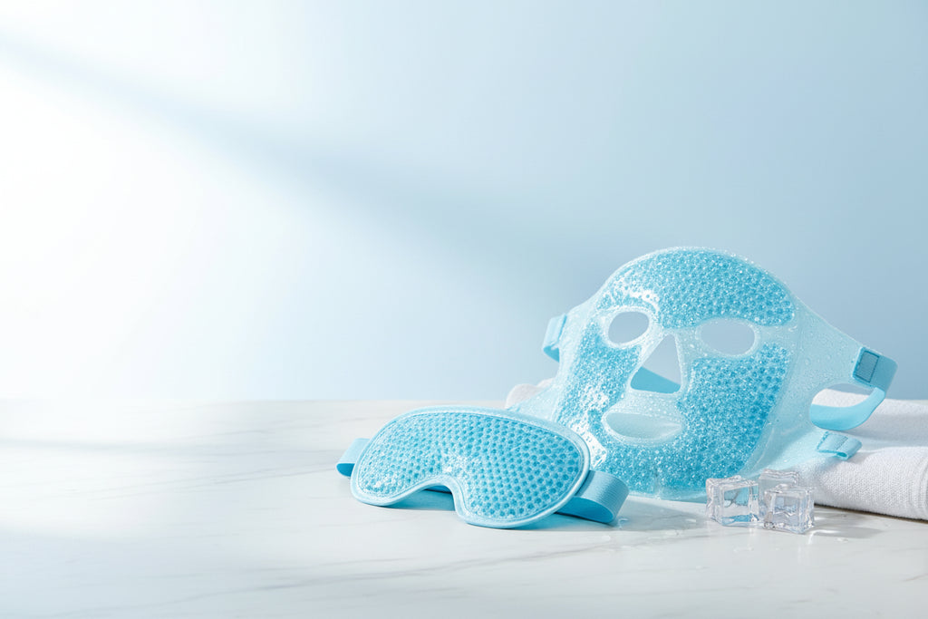 Blue gel face mask and eye mask on a white background
