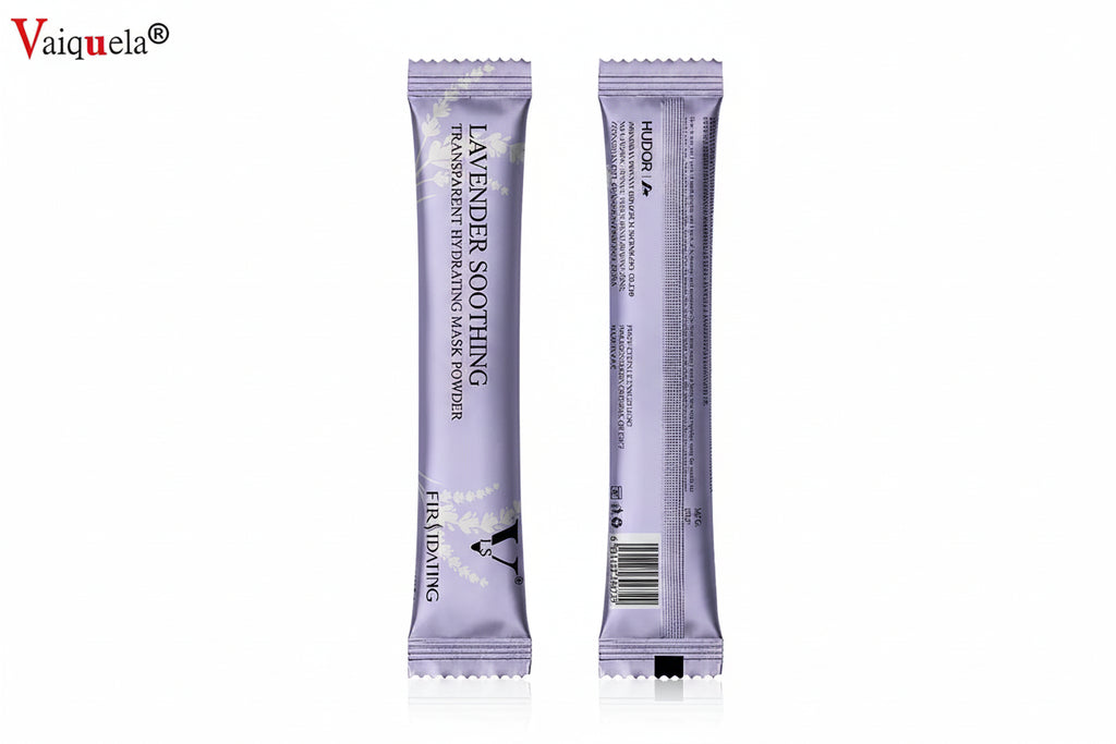 Lavender soothing mask powder packaging with front and back views on a white background