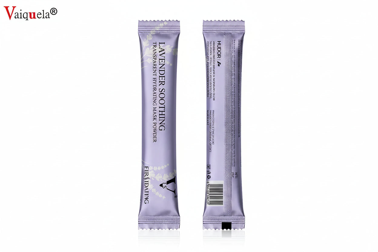 Lavender soothing mask powder packaging with front and back views on a white background