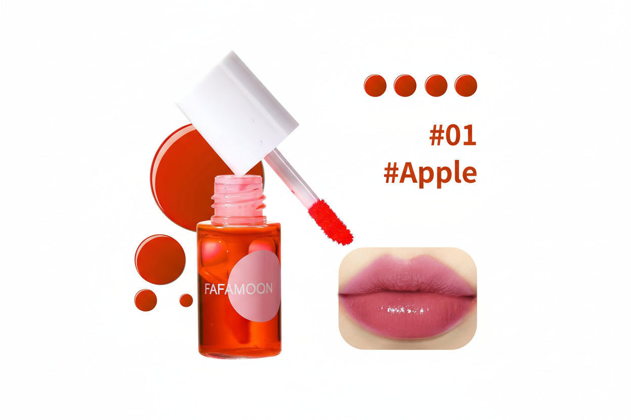 Lip tint bottle with applicator and color swatch labeled '#01 Apple' on a white background.