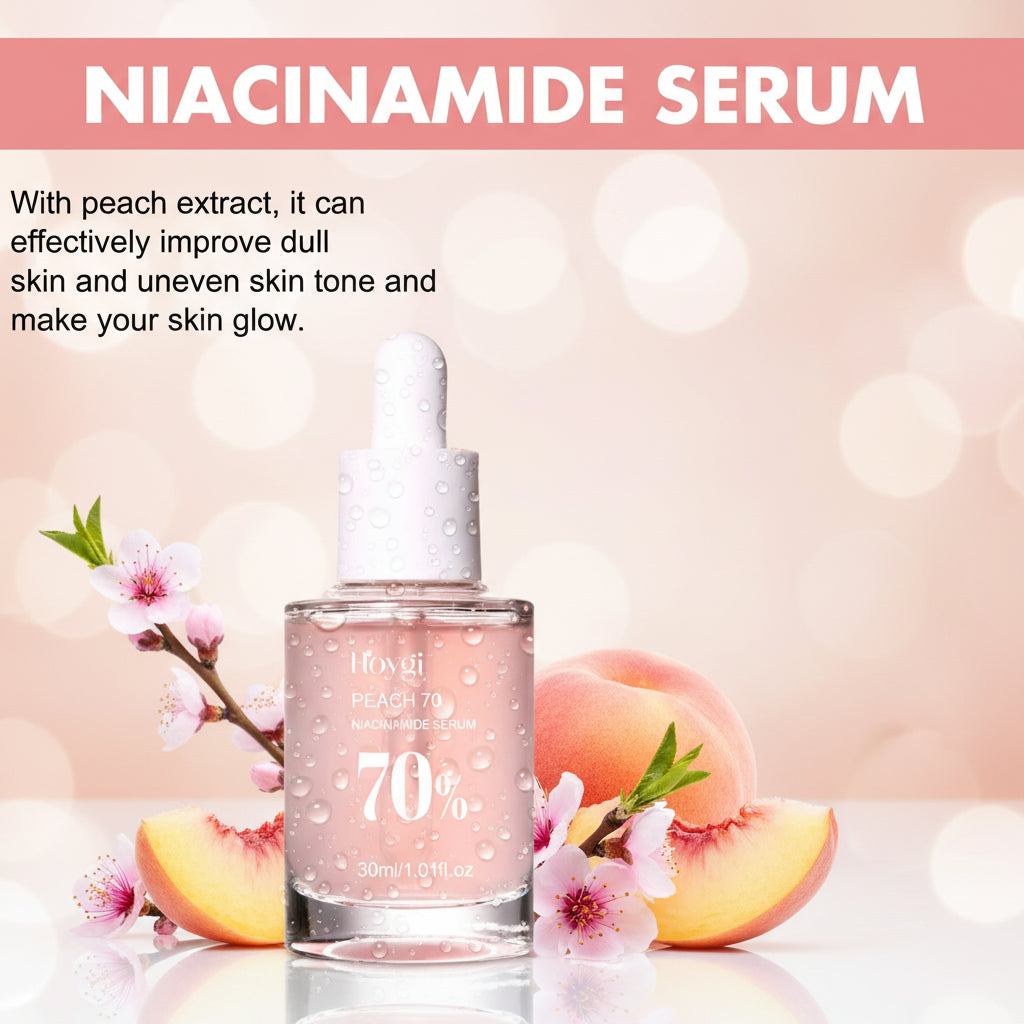 Niacinamide serum bottle with a woman touching her face, on a light pink background.