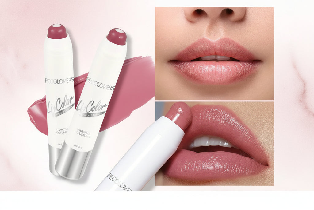 Lip balm with close-up shots of lips wearing the product
