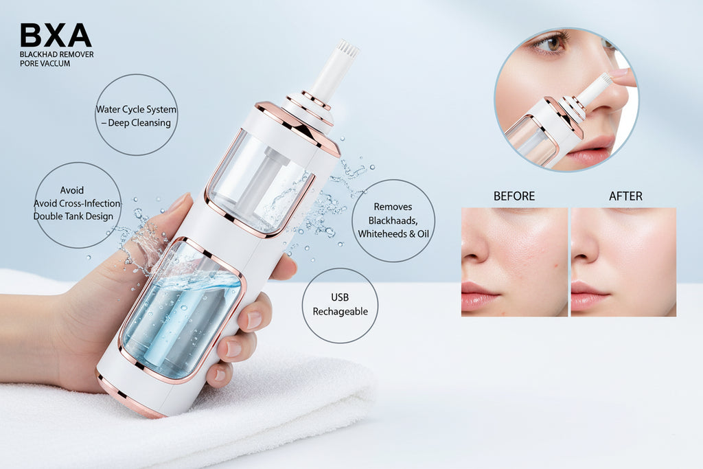Skincare device with before and after effects on skin issues like oil, blackheads, and pores.