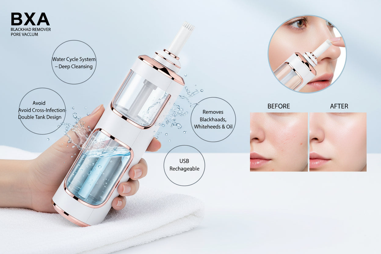 Skincare device with before and after effects on skin issues like oil, blackheads, and pores.