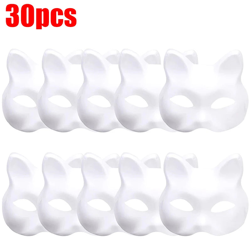 10-50PCS Therian Masks With Straps White Cat Masks Blank DIY Halloween Mask Animal Half Facemasks Masquerade Cosplay Party BeautyBond