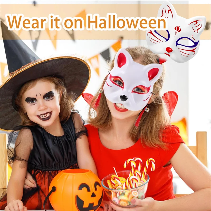 10-50PCS Therian Masks With Straps White Cat Masks Blank DIY Halloween Mask Animal Half Facemasks Masquerade Cosplay Party BeautyBond