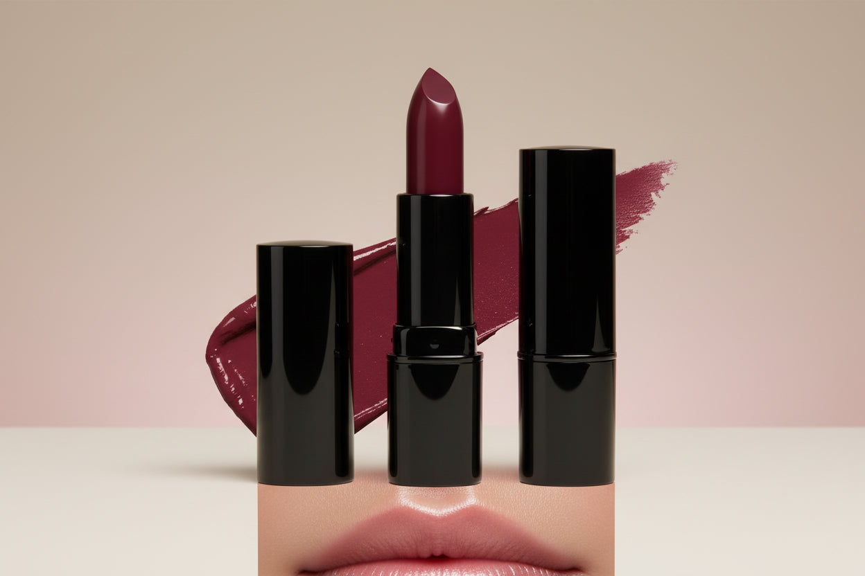 Black lipsticks held by a hand with an inset showing a lip application.