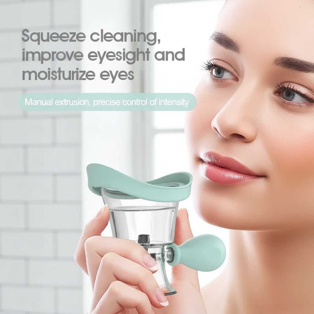 Woman using an eye care device with text on a white background
