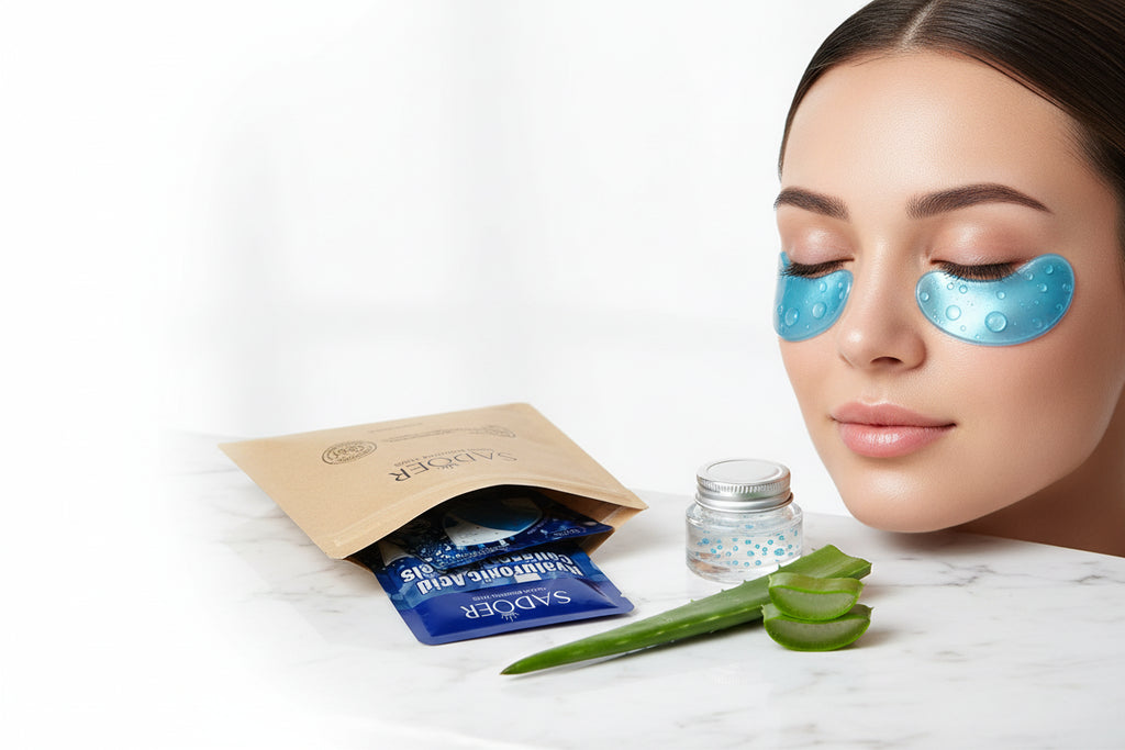 Multiple packages of Sadoer Hyaluronic Acid Collagen Eye Gels on a white background