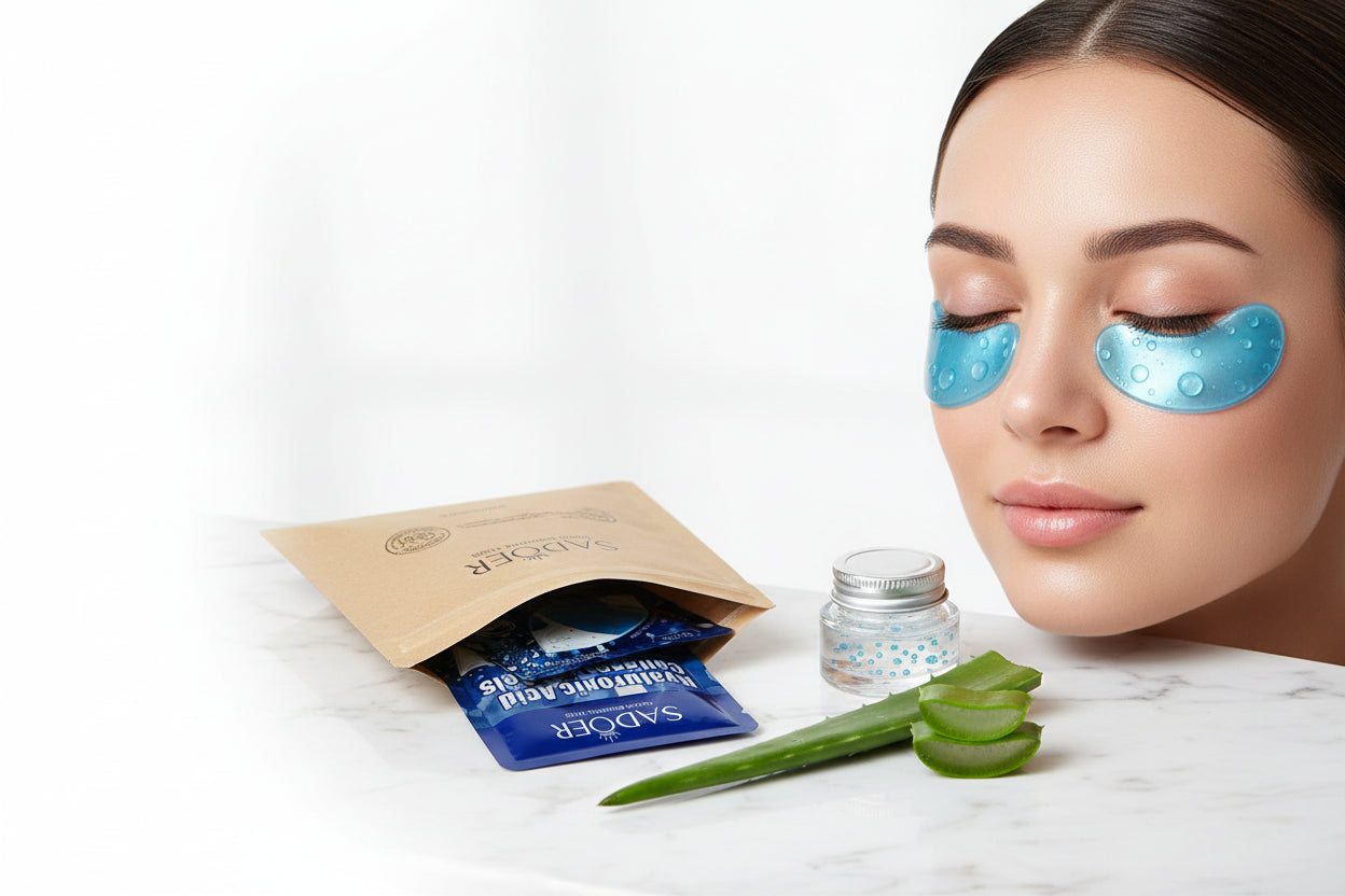 Multiple packages of Sadoer Hyaluronic Acid Collagen Eye Gels on a white background