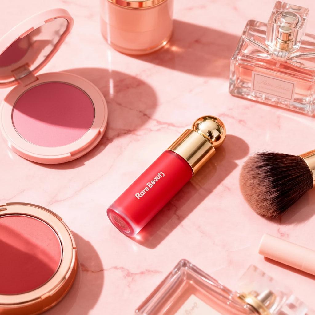 Makeup products including a red lipstick, blush, and perfume on a pink surface.