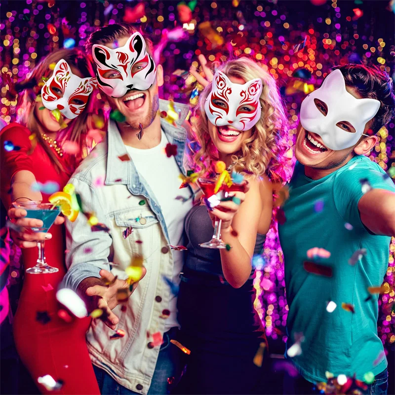 10-50PCS Therian Masks With Straps White Cat Masks Blank DIY Halloween Mask Animal Half Facemasks Masquerade Cosplay Party BeautyBond