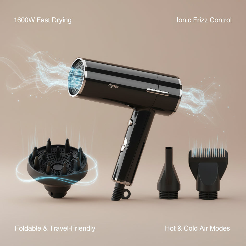 Foldable mini hair dryer with feather and suitcase images, highlighting its lightweight design.