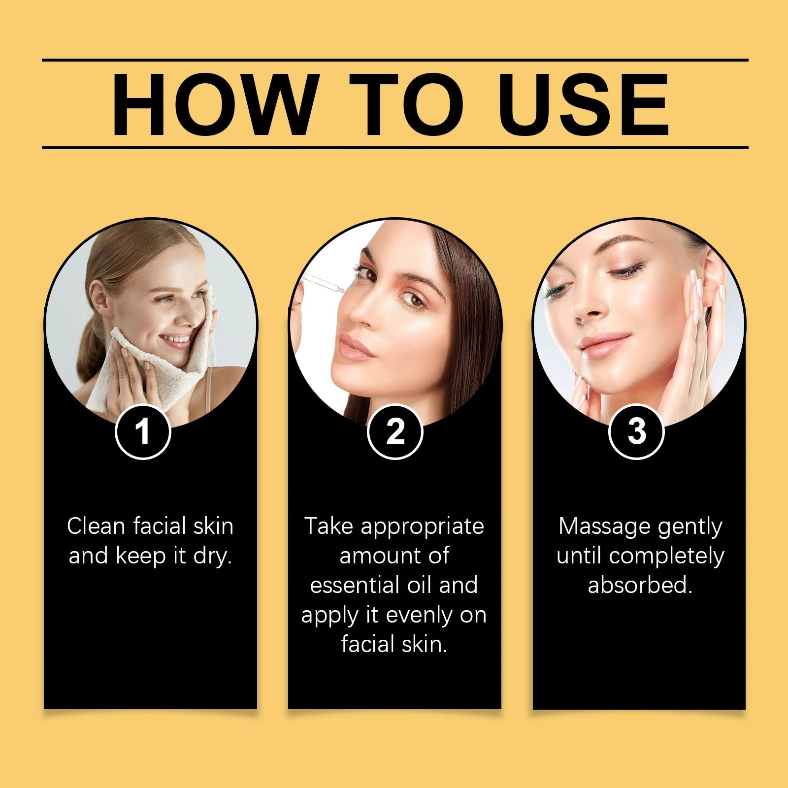 Instructions on how to use a skincare product with three steps shown.
