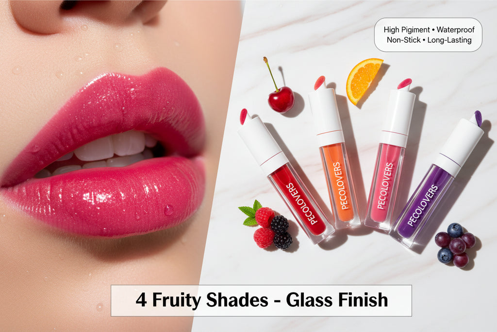 Red lip gloss bottle with applicator, strawberry, and close-up of lips wearing the product on a white background.