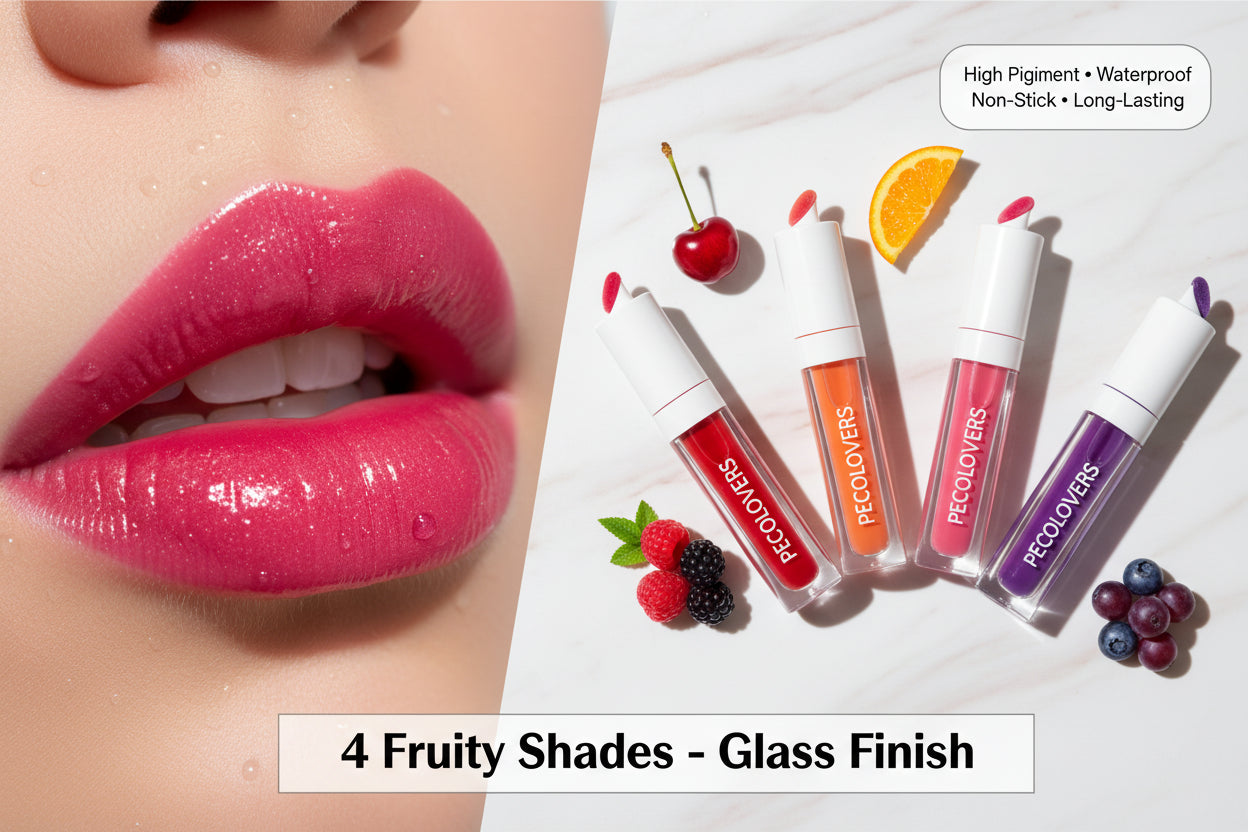 Red lip gloss bottle with applicator, strawberry, and close-up of lips wearing the product on a white background.