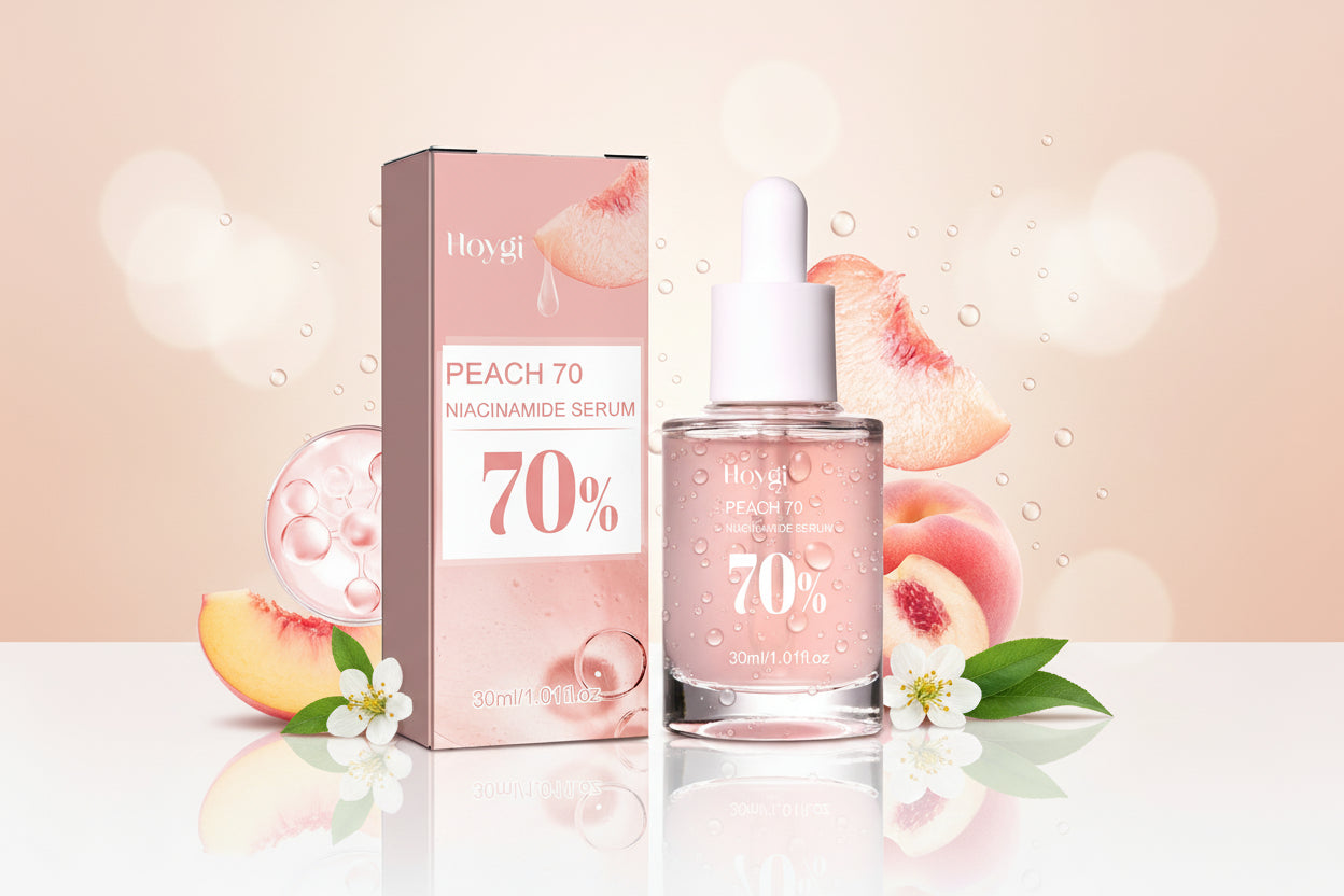 Hloygi Peach 70 Niacinamide Serum bottle and packaging with peach slices on a white background