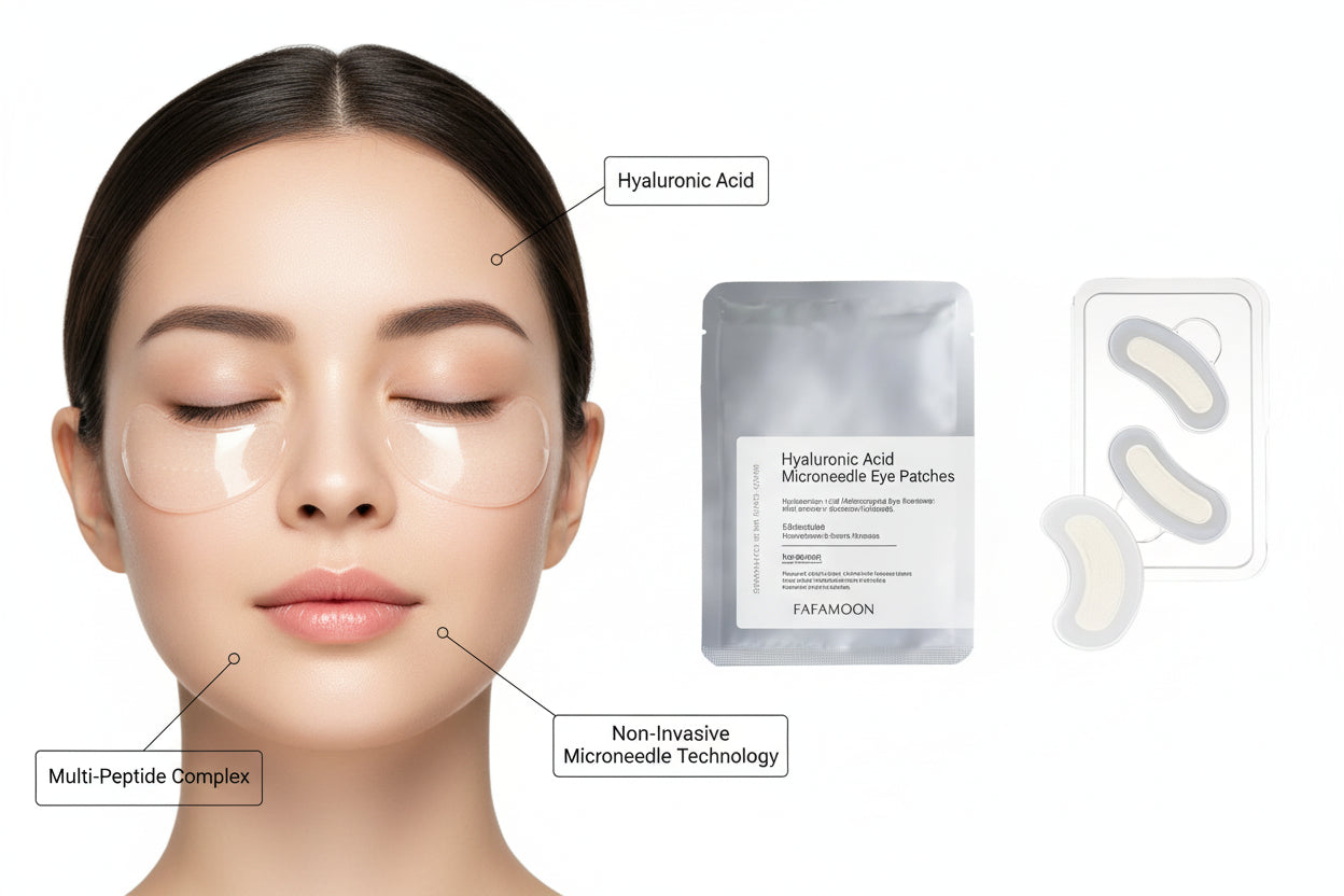 Packaging of eye patches with a clear sheet and visible text on a white background