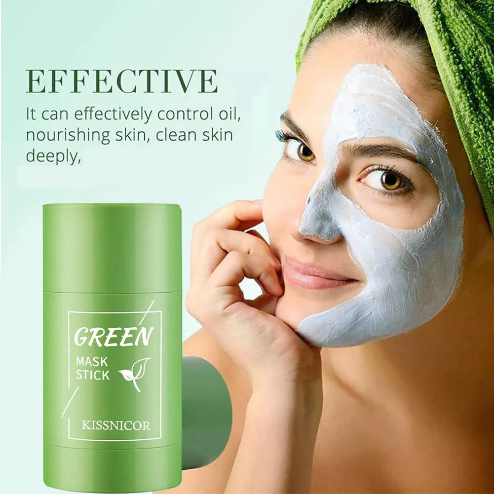 Woman applying a green mask stick to her face with text highlighting its benefits.