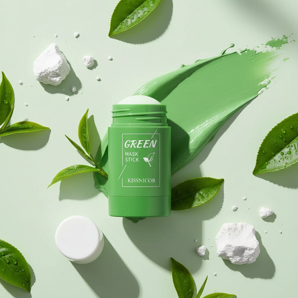Green mask stick with text on a light green background