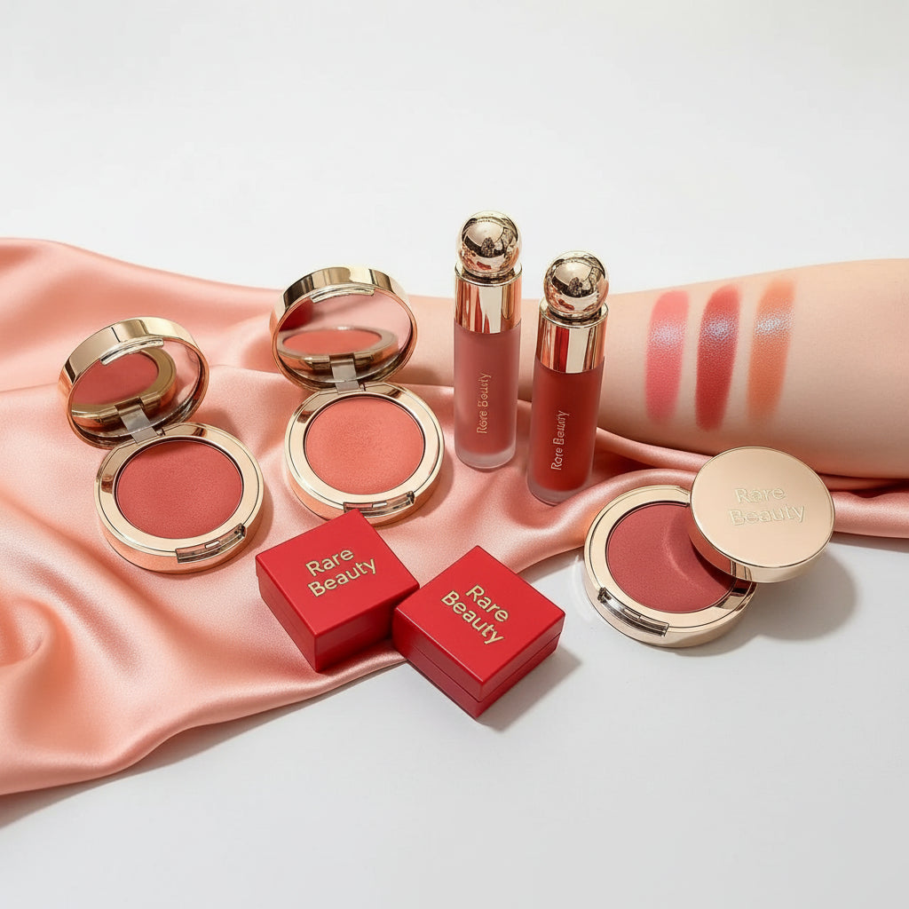 Set of Rare Beauty lipsticks on a soft pink fabric background