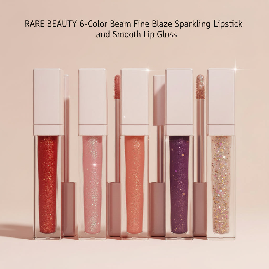 Set of Rare Beauty lipsticks and lip glosses on a beige background